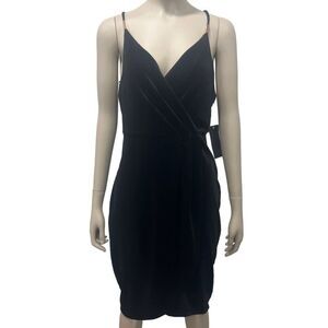 Aqua‎ Black Faux Wrap Party Cocktail Dress Velvet Size M V-neck Glam LBD